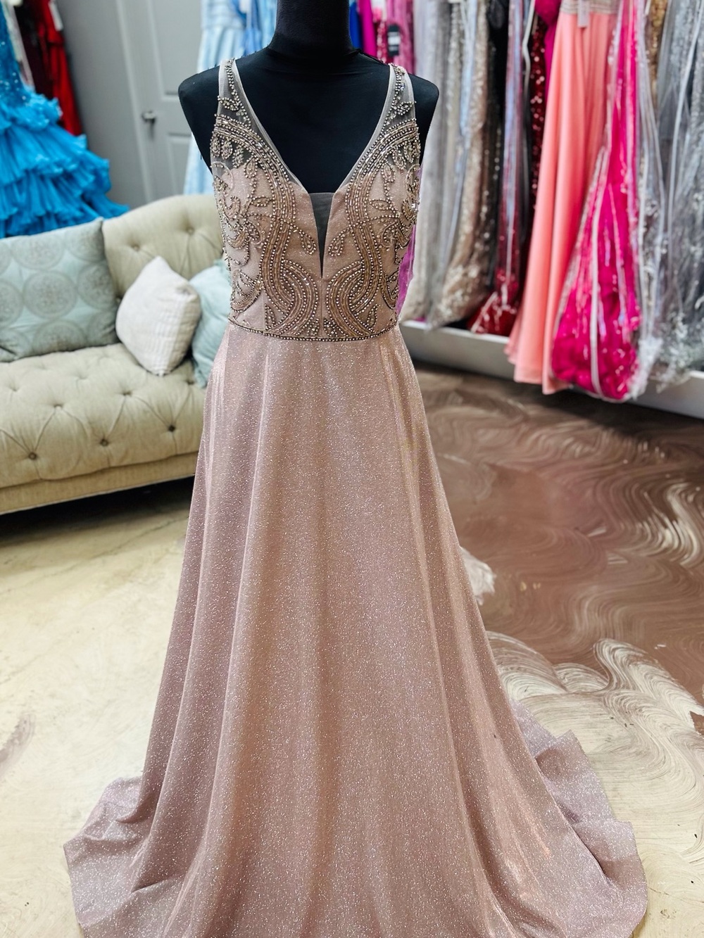 Sparkling Beaded V-Neck Prom Dress in Rose